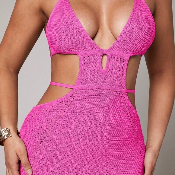 Hot Pink Sexy Women's Crochet Deep V-Neck Hollow Slit Mid-Length Dress - Picture 8 of 8